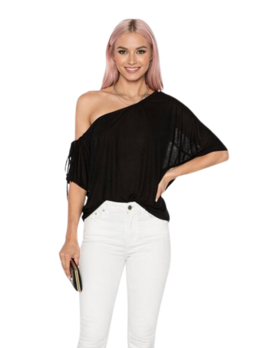 h:ours REVOLVE Arwen Black Off Shoulder Asymmetrical Ruched Top Size S